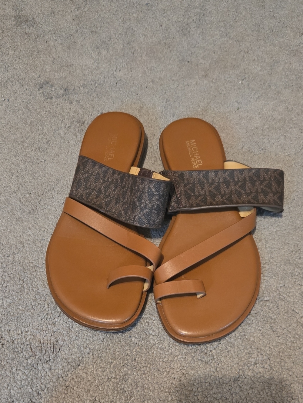 Michael Kors Brown Tan MK Logo Slide Sandals